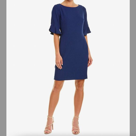 KARL LAGERFELD | Paris Tulip Sleeve Crepe Sheath Dress Navy Blue Size 6 NWOT - Picture 1 of 8